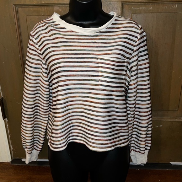 Madewell White Rainbow Stripe Casual Pocket Long Sleeve Pullover Top Size M - Picture 2 of 10